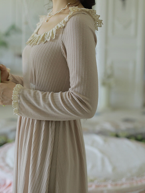 Vintage-Inspired Lace Trim Corduroy Dress