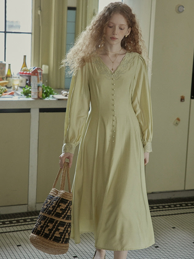 Vintage-Inspired Embroidered Buttoned Dress