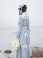 Vintage Blue Lace-Trimmed Elegant Dress