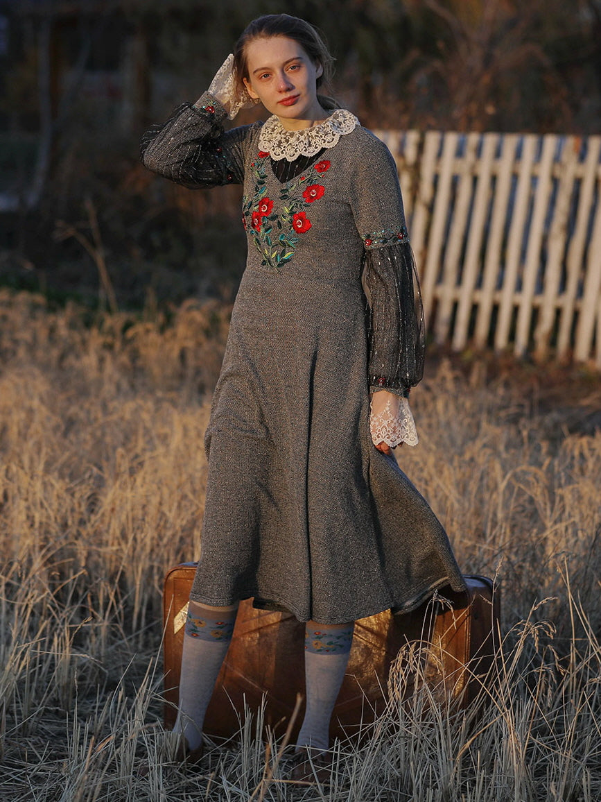 Embroidered Floral Lace Vintage Dress