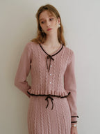 Ribbon Trim Pink Cable Knit Skirt