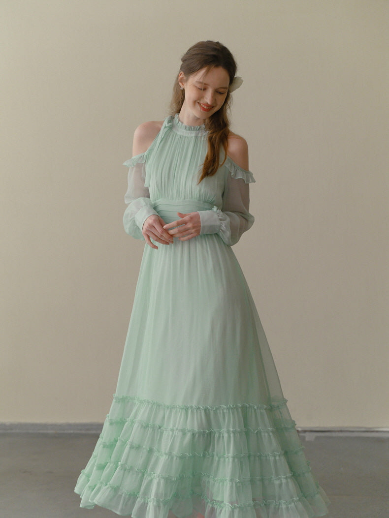 Mint Whispers Cold-Shoulder Dress