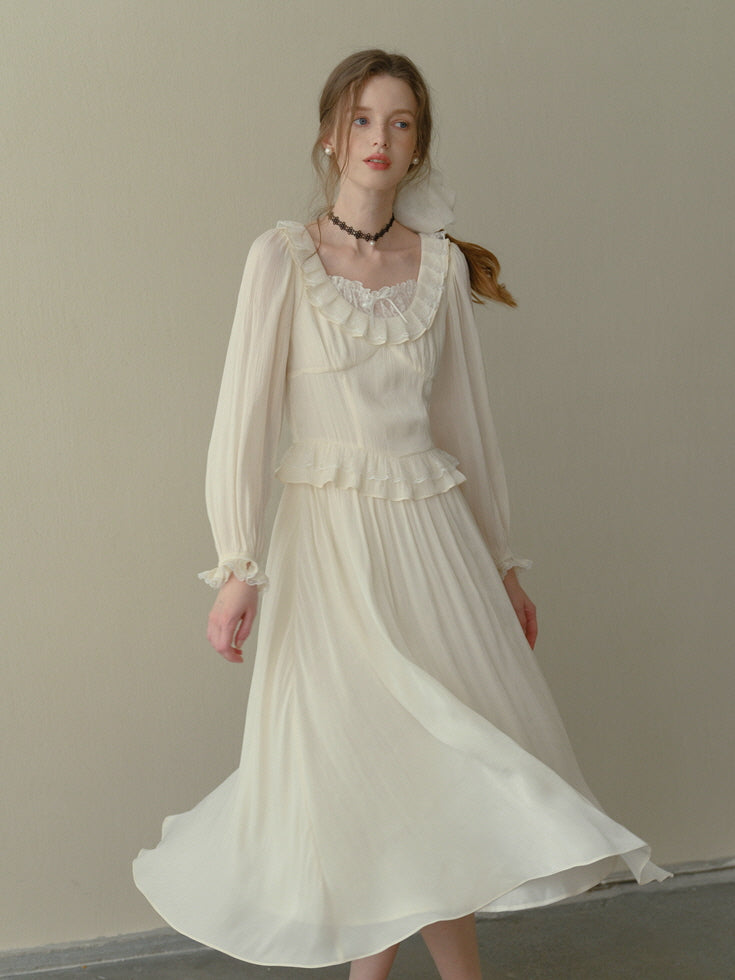 Poetic Cream Ruffle Lace Dress