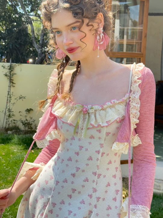 Vintage Rosebud Lace-Trimmed Knit Dress