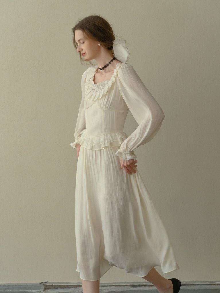 Poetic Cream Ruffle Lace Dress