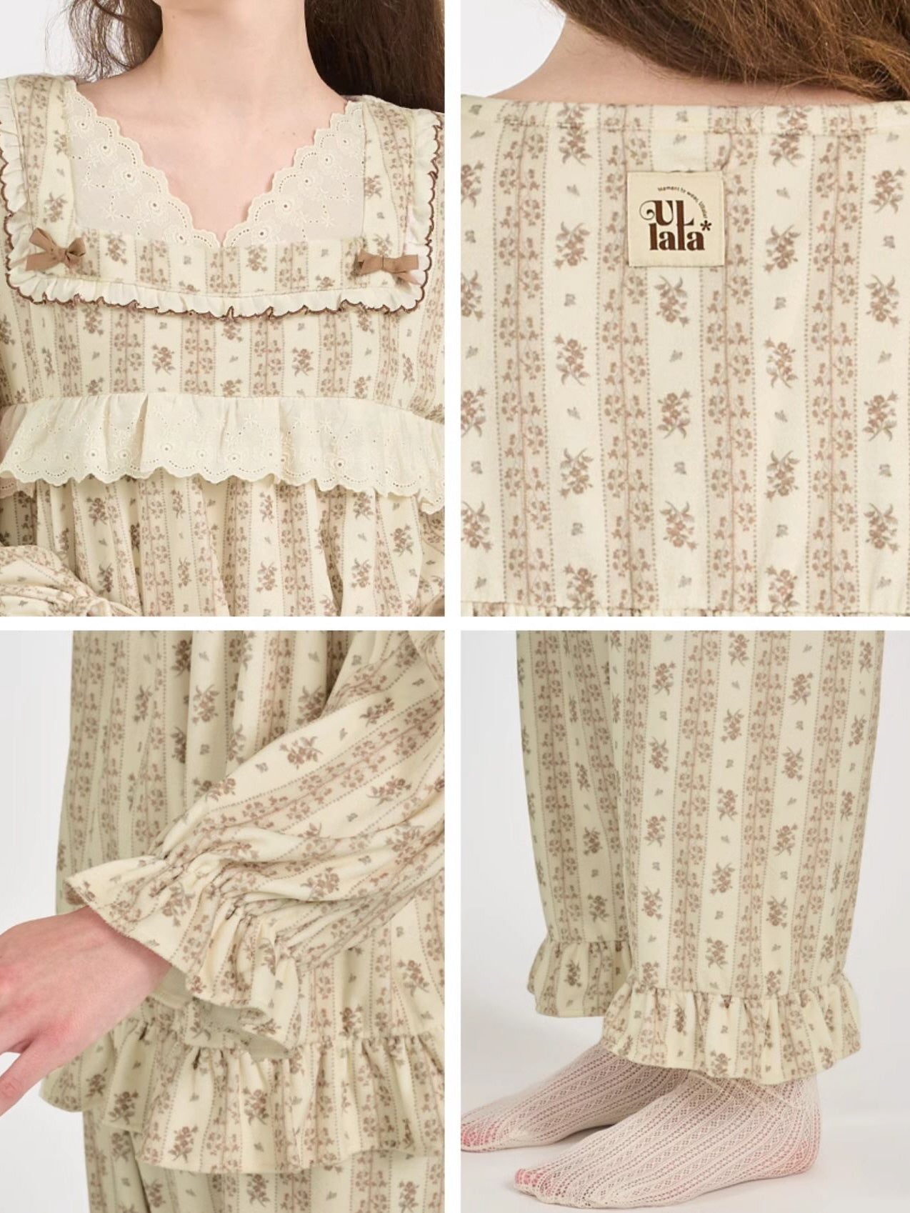 Brown Ribbon Lace Flannel Pajama Set