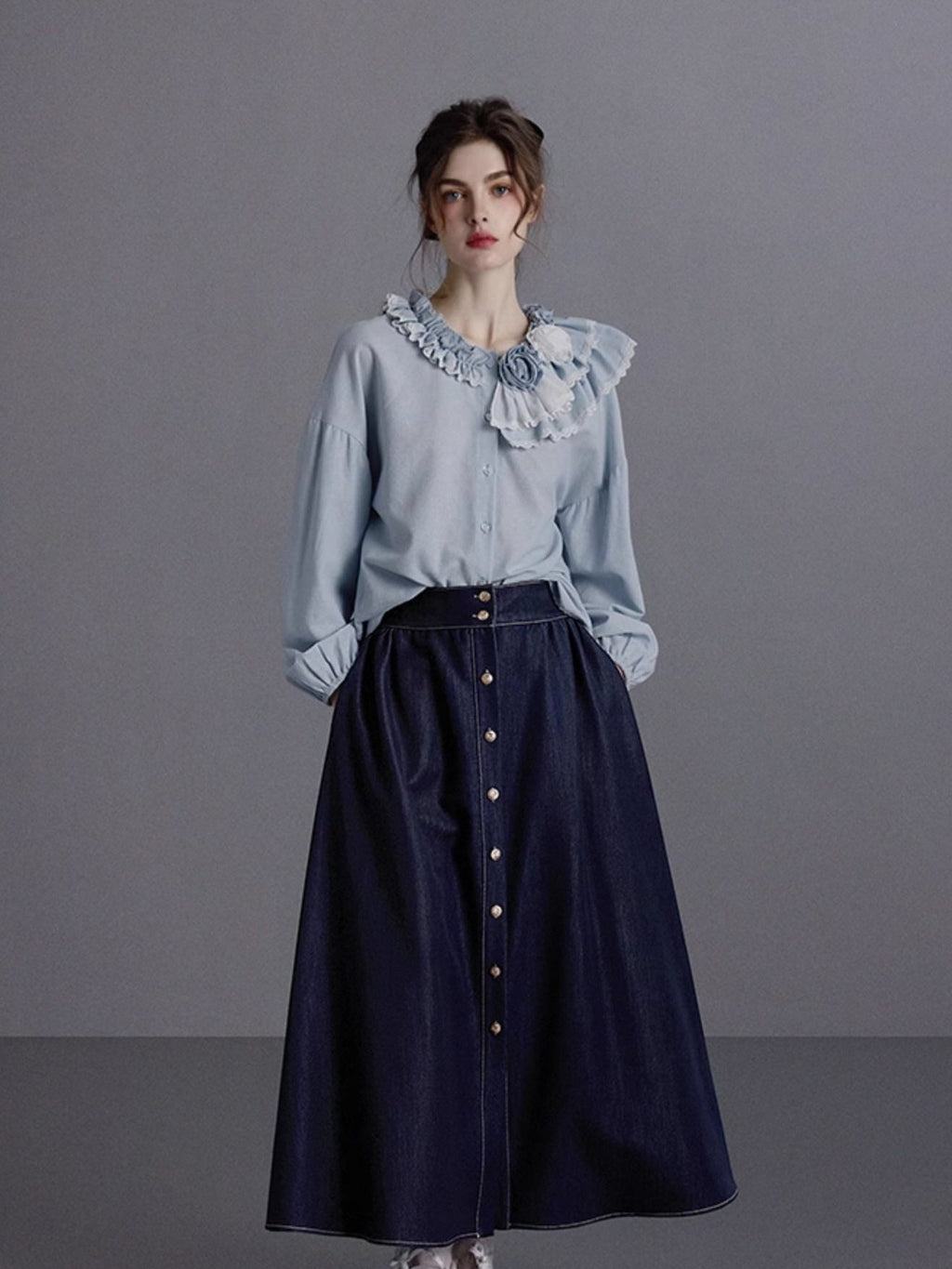 Blue Ruffled Linen-Blend Blouse