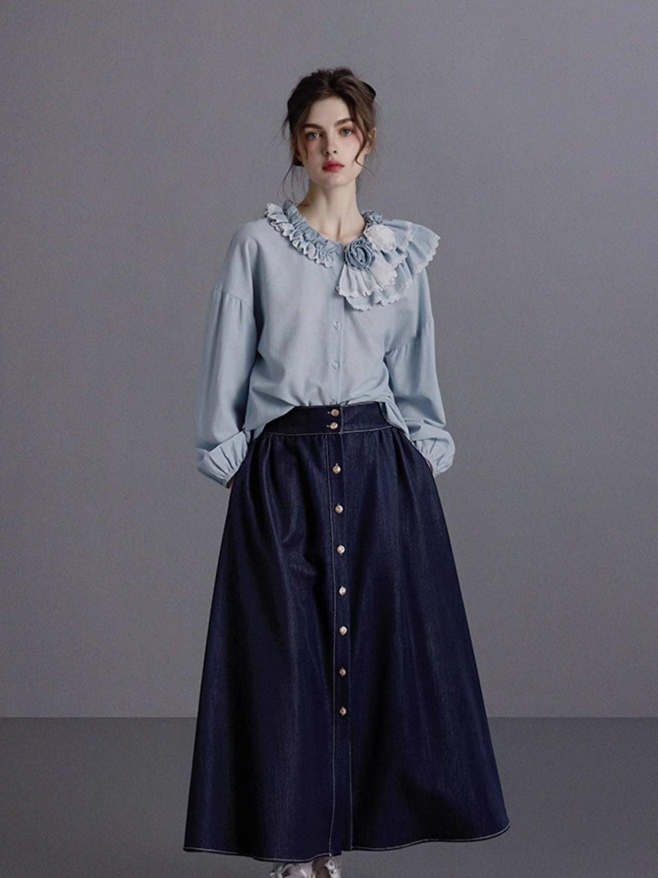 Blue Ruffled Linen-Blend Blouse