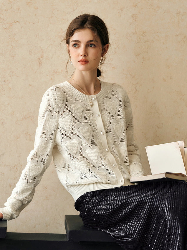 Heart Knit Pearl Button Cardigan
