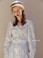 Vintage Blue Floral Lace Trim Blouse