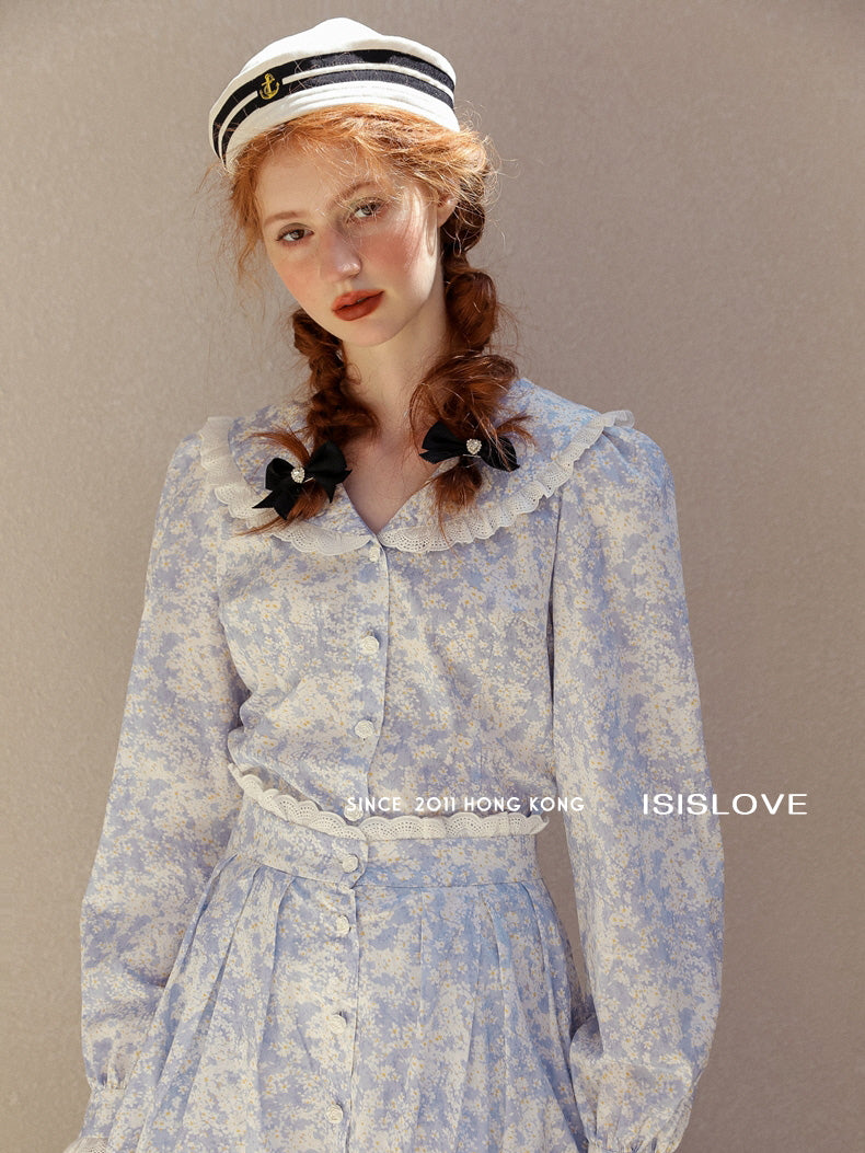 Vintage Blue Floral Lace Trim Blouse