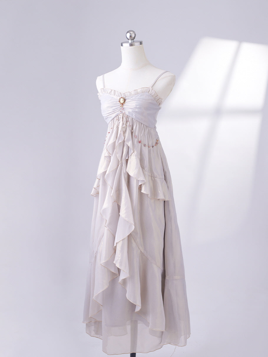 Vintage Brooch Elegance Ruffled Gown