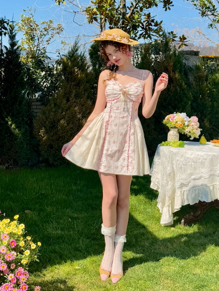 Coquette Blush Floral Lace Bow Dress