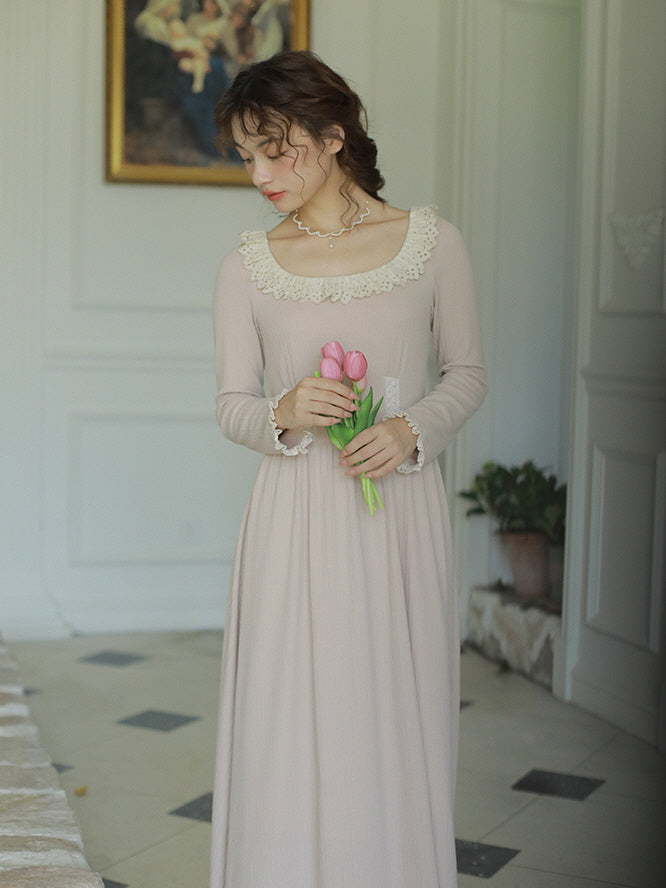 Vintage-Inspired Lace Trim Corduroy Dress