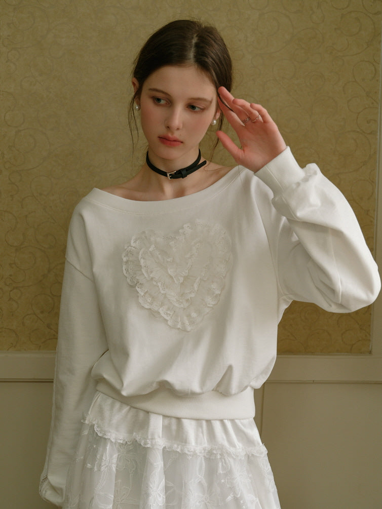 Coquette Lace Heart Off-Shoulder Sweatshirt