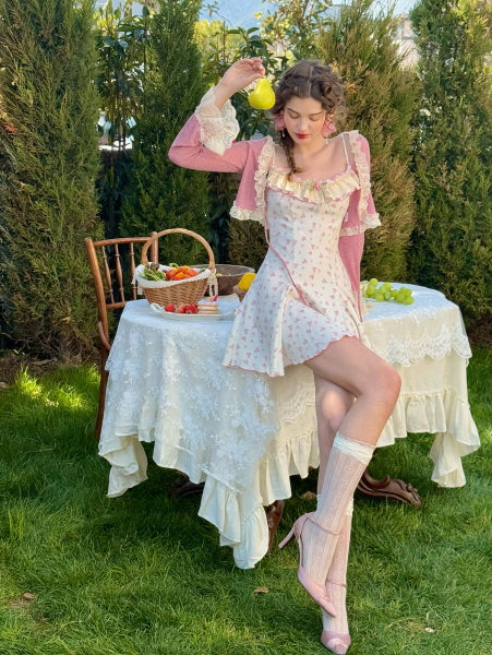 Vintage Rosebud Lace-Trimmed Knit Dress