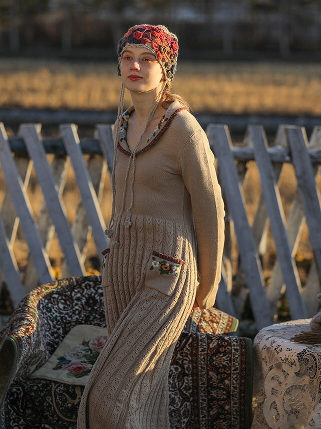 Warm Beige Elegance Floral Knit Dress
