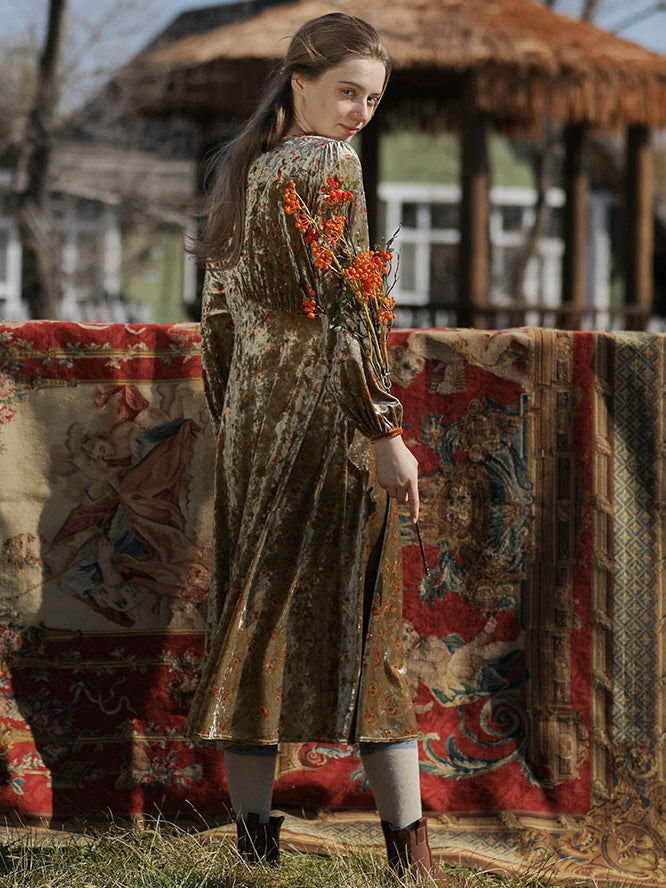 Elegant Autumn Vintage Velvet Floral Dress