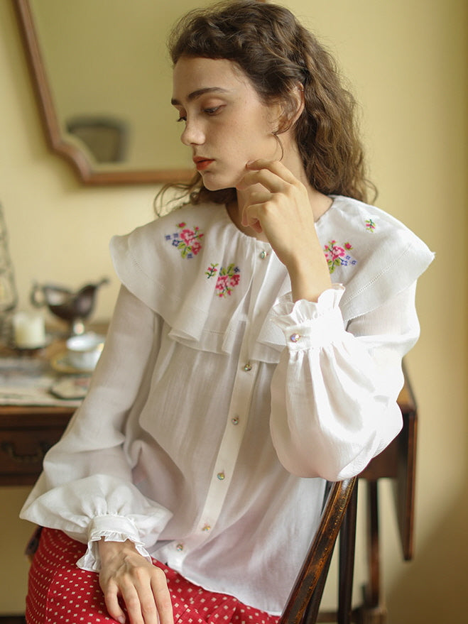 White Cottagecore Floral Ruffle Blouse