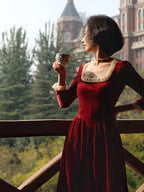 Ruffled Trim Royal Red Velvet Vintage Dress