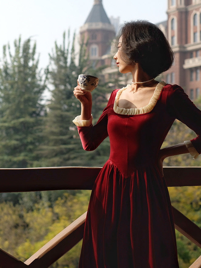 Ruffled Trim Royal Red Velvet Vintage Dress