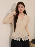 Ivory Lace Trim Wool Blend Cardigan