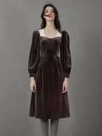 Brown Velvet Puff Sleeve Dress