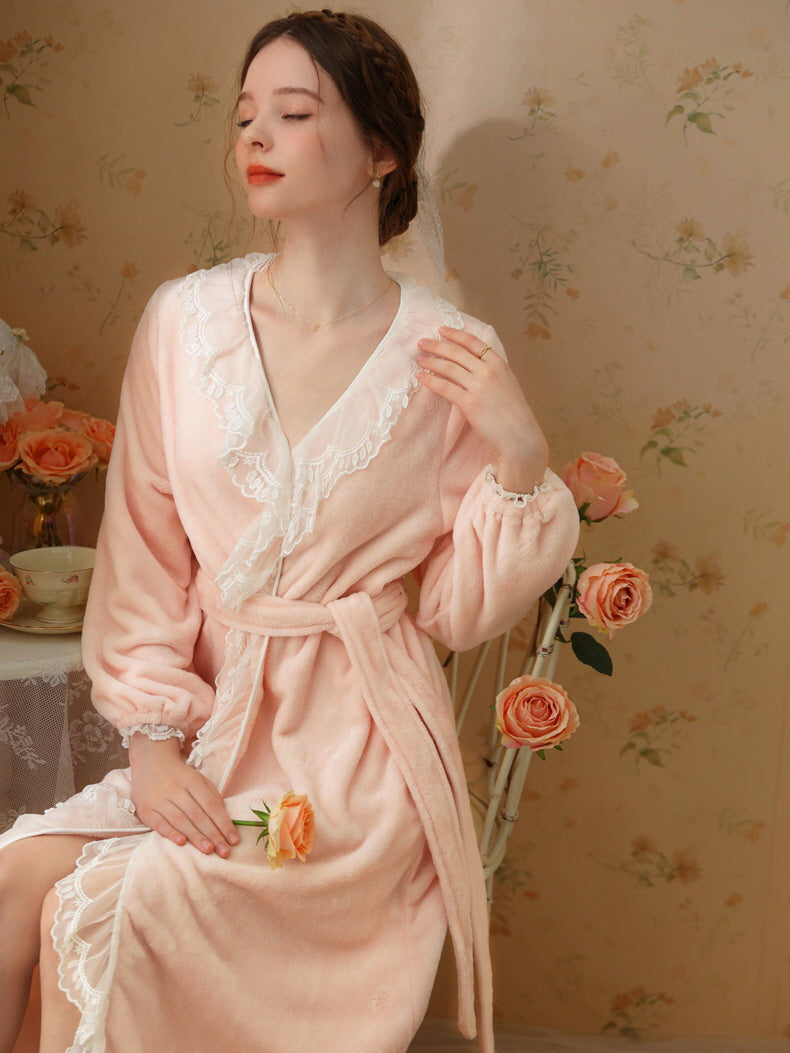 Velvet Lace-Trim Wrap Robe