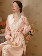 Velvet Lace-Trim Wrap Robe