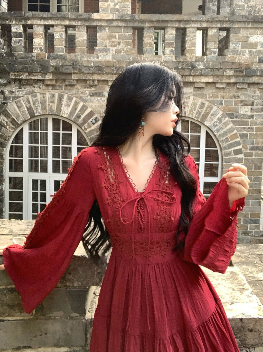 Ruby Elegance Lace-Up Maxi Dress