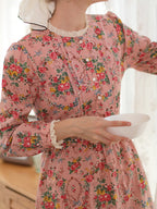 Lace Trim Vintage Floral Pink Cotton Dress