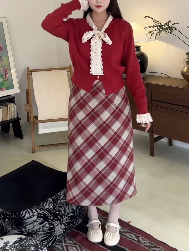 Ruby Plaid Wool Blend Skirt
