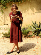 Vintage Cottage Ribbon Wine Red Dress