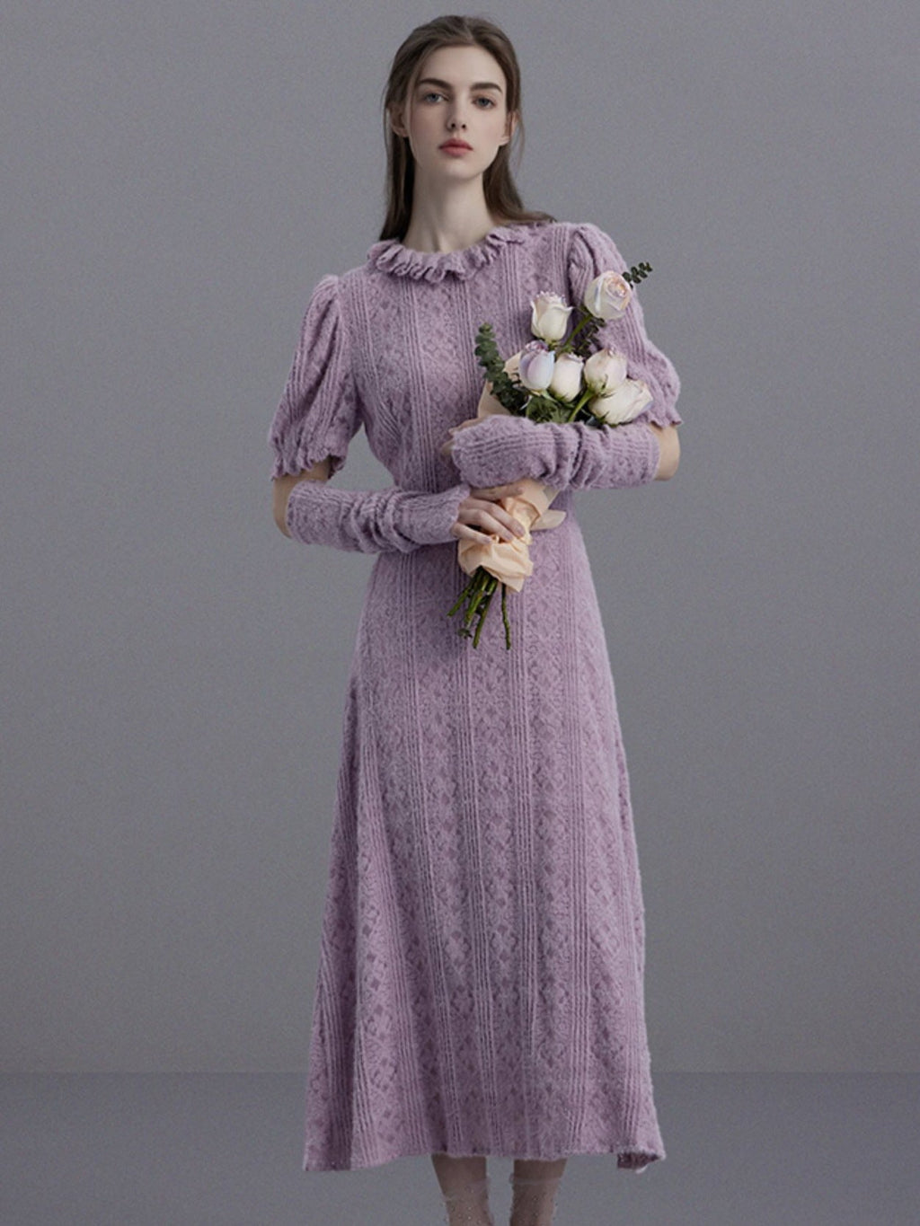 Elegant Puff-Sleeve Knit Dress