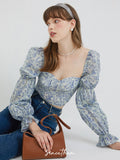 Blue Floral Puff Sleeve Blouse
