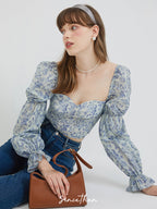 Blue Floral Puff Sleeve Blouse
