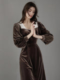 Brown Velvet Puff Sleeve Dress