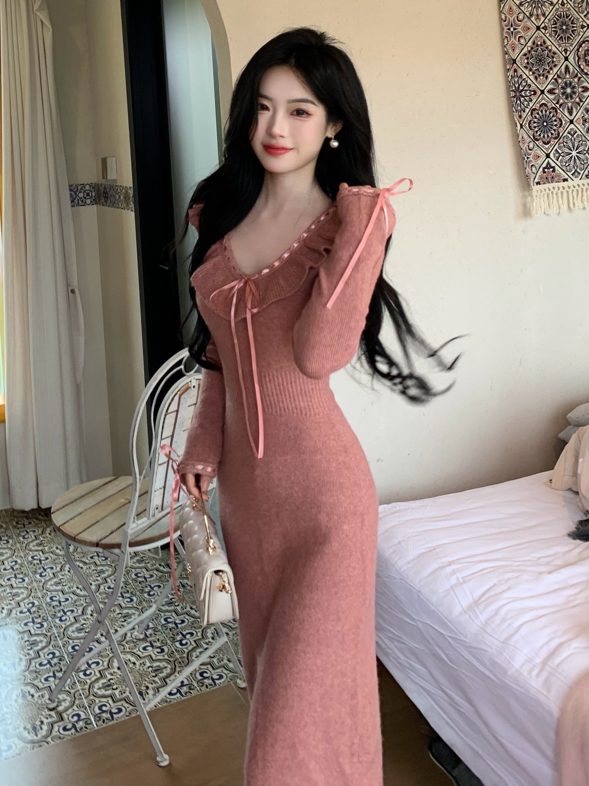 Ruffle Ribbon Blush Pink Knit Dress