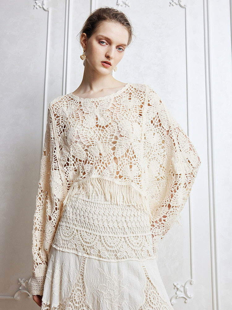 Bohemian Crochet Fringe Knit Top