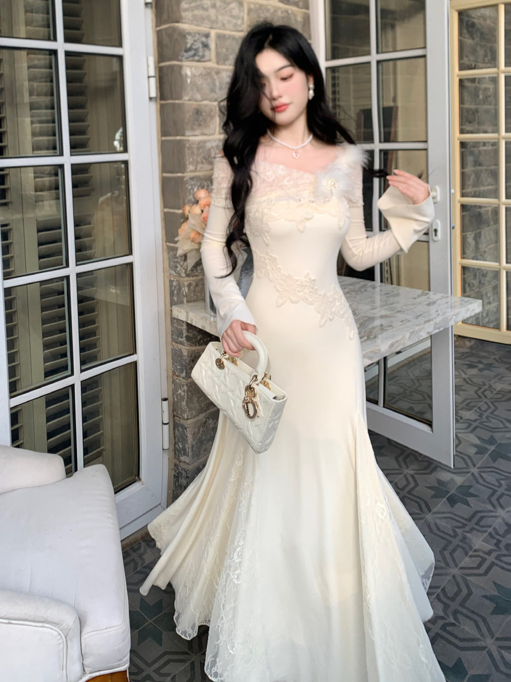 Winter Fairy Lace Feather Gown