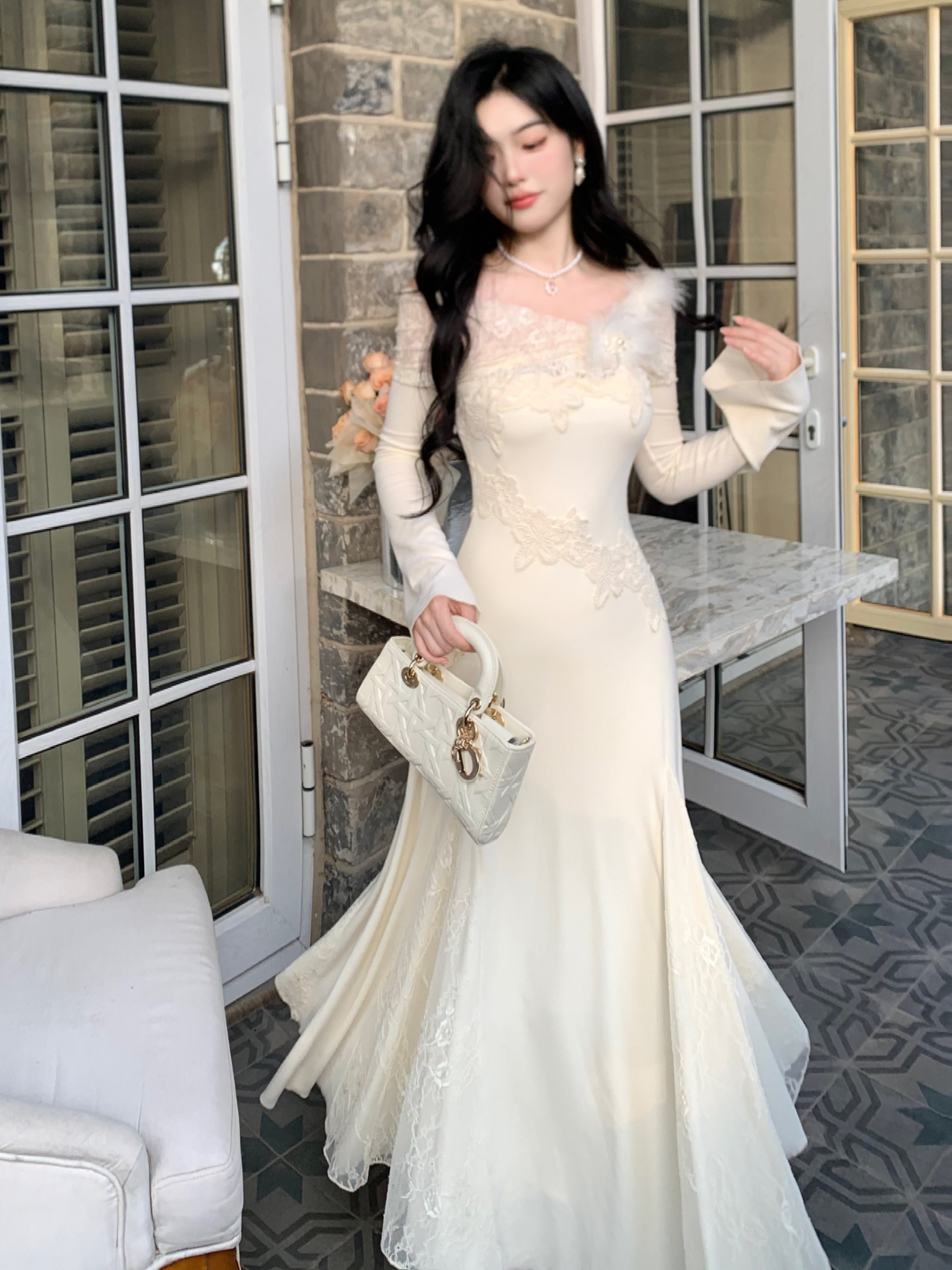 Winter Fairy Lace Feather Gown
