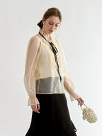 Sheer Lace-Trimmed Blouse with Ribbon Tie