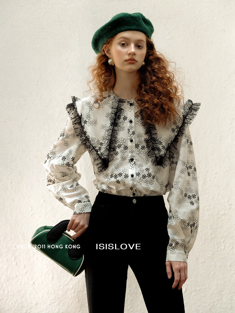 Ruffled Floral Embroidered Blouse