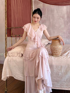 Graceful Pink Ruffle V-Neck Maxi Dress