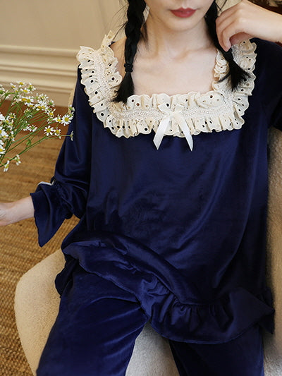 Midnight Velvet Lace-Trim Pajama Set