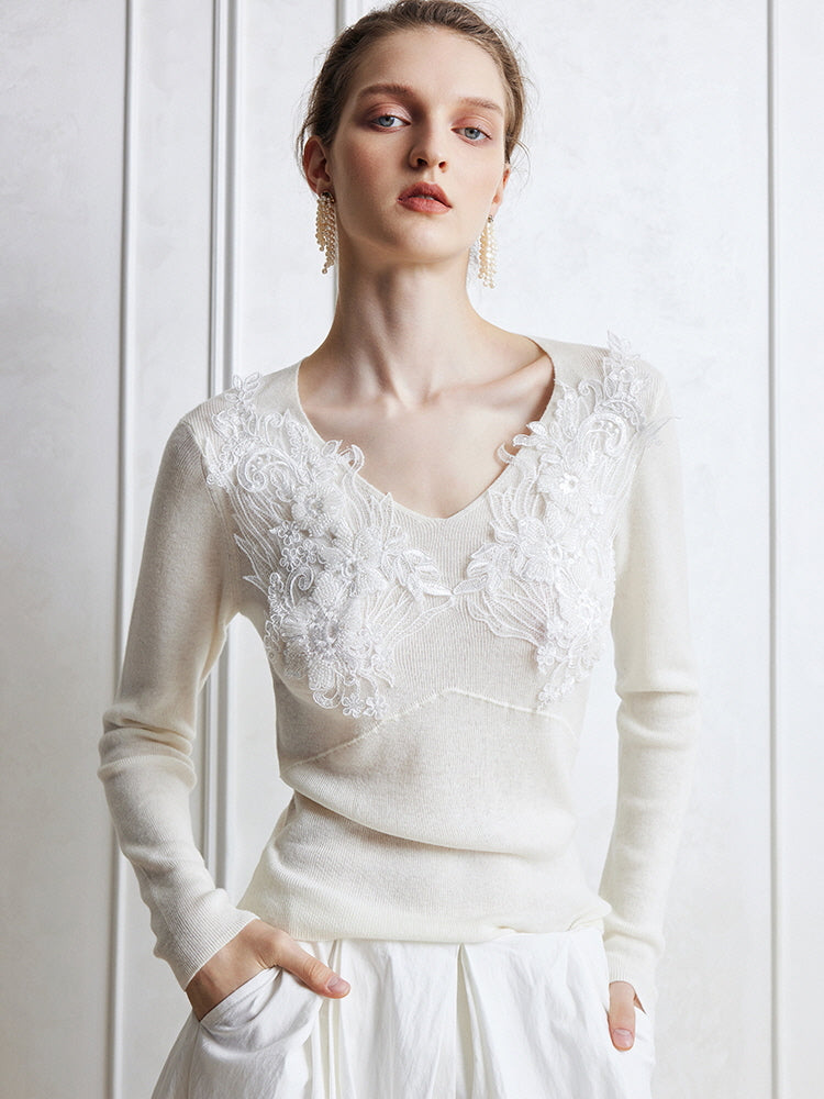 Floral Lace Embellished Knit Top