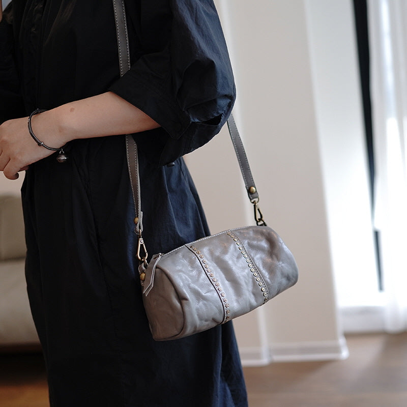 Studded Genuine Leather Barrel Crossbody Bag