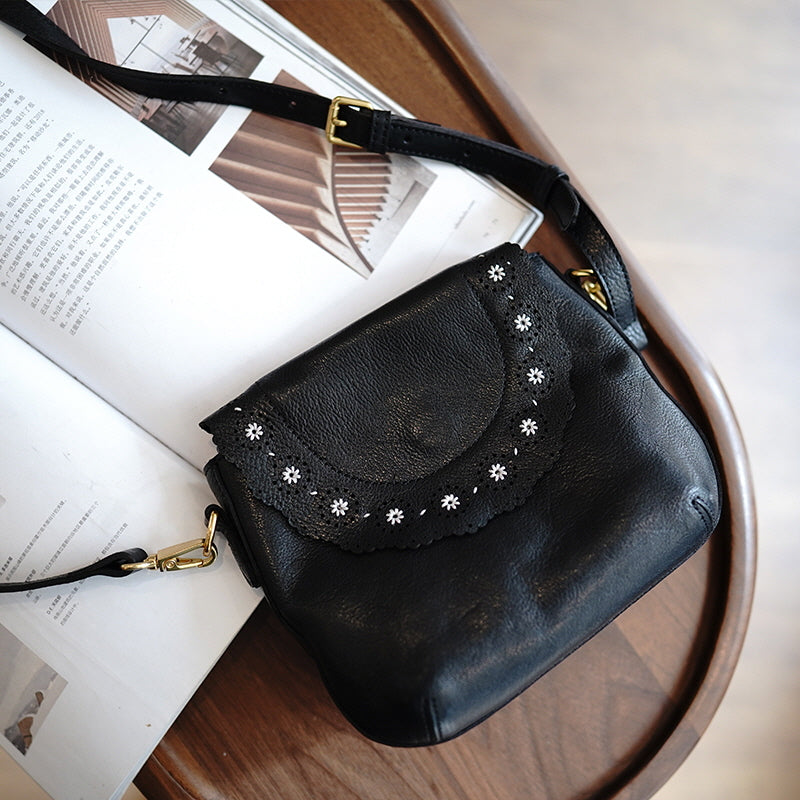 Petite Scalloped Flap Genuine Leather Crossbody Bag