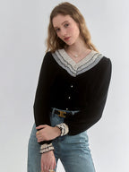 Black Velvet Contrast-Collar Cardigan