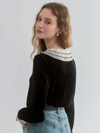 Black Velvet Contrast-Collar Cardigan